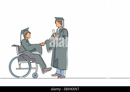 Disegno continuo di una linea per tutta la lunghezza di uno studente laureato in sedia a rotelle scuotendo la mano con uno studente laureato maschio in piedi e in possesso di un diploma. S Illustrazione Vettoriale