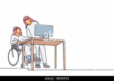Una linea continua che disegna un uomo arabo disabile in sedia a rotelle lavora in un ufficio dietro la scrivania e il computer. Interazione e comunicazione con colleag Illustrazione Vettoriale