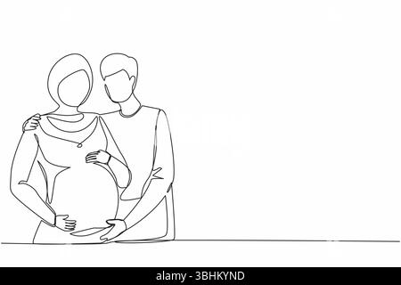 Una linea continua che disegna un'illustrazione piatta sulla gravidanza e sulla nascita del partner. Giovane donna araba incinta con marito. L'uomo si prende cura e si abbraccia ciao Illustrazione Vettoriale