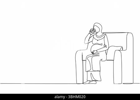 Una sola linea che porta una donna araba incinta che beve acqua seduto sul divano. Le donne in attesa si riposano a casa con il vetro. Gravidanza, assistenza sanitaria, Thi Illustrazione Vettoriale