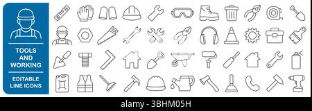 Set di icone delle linee modificabili per gli strumenti e la sicurezza sul lavoro. Riparazione, tuttofare, fissaggio, lavoro, ingranaggi di sicurezza, logo dello strumento, icona, firma la raccolta. Illustrazione vettoriale Illustrazione Vettoriale