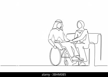 Singola linea disegnando coppia araba con disabilità uomo in sedia a rotelle tenendosi per mano con donna seduta sul divano. Assistenza riabilitazione del disabile Illustrazione Vettoriale