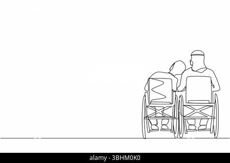 Una linea singola che disegna vista sul retro coppia araba con disabilità siede su sedie a rotelle e parla l'un l'altra. La donna poggia la testa sulla spalla dell'uomo. Persone Illustrazione Vettoriale