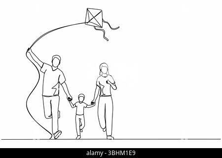 Weekend in famiglia con disegno a linea continua con genitori e bambini che camminano nel parco. Divertente corsa in famiglia, riposati nella natura in vacanza. Papa', mamma, un Illustrazione Vettoriale