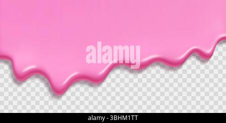 Il gelato rosa si scioglie gocciolando sullo sfondo trasparente - glassa liquida di fragole lucida che scorre con un bordo ondulato. Illustrazione Vettoriale
