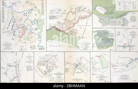 Raccolta di mappe storiche che raffigurano battaglie chiave e schieramenti di truppe durante la guerra civile americana, evidenziando strategie militari e geografie Foto Stock