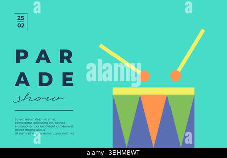 Poster festivo della sfilata di samba con tamburi colorati ed energia di carnevale danzante. Illustrazione vettoriale piatta con ritmo brasiliano e design moderno. Ideale per volantini, striscioni o inviti alle feste estive. Illustrazione Vettoriale