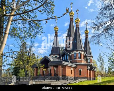 Yukki, Oblast' di Leningrado, Russia - 28 maggio 2025. La chiesa di San Giovanni Battista a Yukki mostra la sua architettura impressionante con cupole dorate sotto a. Foto Stock