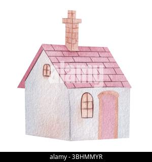 Graziosa casetta con tetto in piastrelle rosse, finestra in legno e tubo fornello. Illustrazione acquerello. Dipinto a mano in stile rustico su sfondo bianco. Perfetto per l'arredamento e i biglietti d'auguri Foto Stock