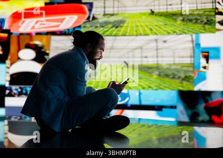 Ha sottolineato che l'individuo abusa ossessivamente delle sue piattaforme sociali di telefonia mobile, illustrando la crisi di salute mentale causata dalla dipendenza e dall'eccessiva informazione. Cyberbullismo e manipolazione. Foto Stock
