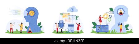 Cloud computing, codifica e lavoro su progetti digitali utilizzando ai e chatbot. Piccole persone lavorano sul codice del programma con chat bot, connettono assistente virtuale e illustrazione vettoriale dei cartoni animati delle macchine da laboratorio Illustrazione Vettoriale