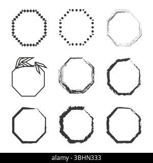 Telaio spazzola ruvido. Forma ottagonale in distacco. Margine di grunge vettoriale. Simbolo dipinto a mano. Illustrazione Vettoriale