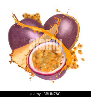 Gustosi frutti della passione con succo in aria su sfondo bianco Foto Stock