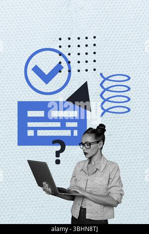 Modello di schizzo di tendenza poster collage fotografico 3D della finestra della pagina Web casella di controllo tecnologia di lavoro giovane donna dispositivo virtuale computer portatile Foto Stock