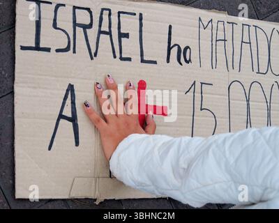 Lima, Perù. 10 giugno 2025. "Israele ha ucciso più di 15.000” può essere letto su un cartone quando decine di persone hanno tenuto un sit-in per la Flottiglia della libertà e la situazione a Gaza di fronte all'ambasciata francese a Lima. La Flottiglia per la libertà del 2025 è stato un tentativo umanitario marittimo di rompere il blocco navale israeliano della Striscia di Gaza e fornire aiuti umanitari. Credito: Fotoholica Press Agency/Alamy Live News Foto Stock