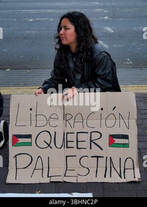 Lima, Perù. 10 giugno 2025. La "Liberazione palestinese del Queer” può essere letta su un cartone quando decine di persone hanno tenuto un sit-in per la Flottiglia per la libertà e la situazione a Gaza di fronte all'ambasciata francese a Lima. La Flottiglia per la libertà del 2025 è stato un tentativo umanitario marittimo di rompere il blocco navale israeliano della Striscia di Gaza e fornire aiuti umanitari. Credito: Fotoholica Press Agency/Alamy Live News Foto Stock