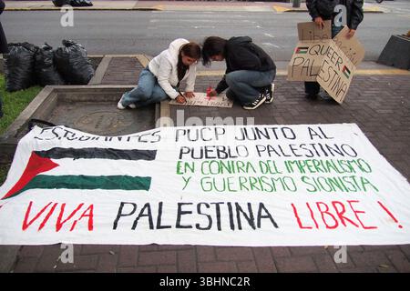 Lima, Perù. 10 giugno 2025. "Lunga vita alla Palestina libera”, legge uno striscione quando decine di persone hanno tenuto un sit-in per la Flottiglia per la libertà e la situazione a Gaza di fronte all'ambasciata francese a Lima. La Flottiglia per la libertà del 2025 è stato un tentativo umanitario marittimo di rompere il blocco navale israeliano della Striscia di Gaza e fornire aiuti umanitari. Credito: Fotoholica Press Agency/Alamy Live News Foto Stock