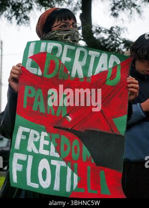 Lima, Perù. 10 giugno 2025. "Freedom for the Freedom Flotilla” legge uno striscione in cui decine di persone hanno tenuto un sit-in per la Flottiglia Freedom e la situazione a Gaza di fronte all'ambasciata francese a Lima. La Flottiglia per la libertà del 2025 è stato un tentativo umanitario marittimo di rompere il blocco navale israeliano della Striscia di Gaza e fornire aiuti umanitari. Credito: Fotoholica Press Agency/Alamy Live News Foto Stock