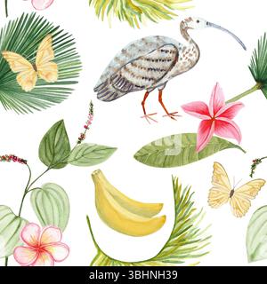 Fiori di plumeria rosa, foglie, uccello ibis, farfalla, banana, acquerello pepe senza cuciture. Dipinto a mano per il marchio spa, tropicale Foto Stock