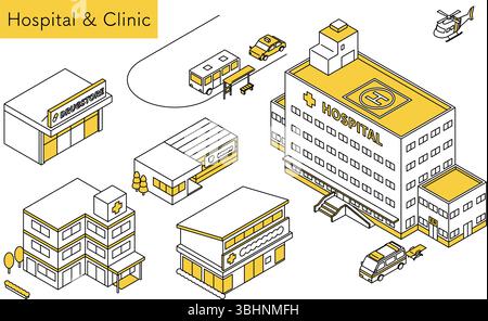 Isometric line art illustrazione set di strutture mediche tra cui un ospedale generale con elicottero medico, ambulanza di emergenza, clinica odontoiatrica, dru Illustrazione Vettoriale