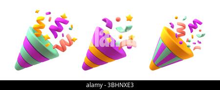 popper per coriandoli 3d. Firecracker colorati, particelle di carta volante, stelle, serpentina, stile cartoon volumed, esplosioni colorate durante la festa Illustrazione Vettoriale
