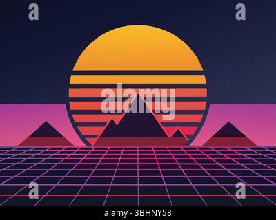 Un paesaggio retrò-futuristico caratterizzato da un grande sole arancione con strisce orizzontali, adagiato su un cielo scuro. In primo piano, tre piramidi sono silho Illustrazione Vettoriale