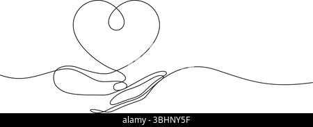 concetto di donazione, cura delle mani umane e supporto del cuore a forma di una linea che disegna un minimalismo continuo decorativo Illustrazione Vettoriale