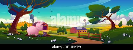 Il maiale dei cartoni animati sorpreso dalla puzzola mentre scavava nel paesaggio della fattoria - il maialino rosa scopre una creatura nera nello sporco vicino all'albero. Ambientazione rurale con fienile, torre dell'acqua, mulino a vento, campi verdi per un divertente gioco di animali Illustrazione Vettoriale