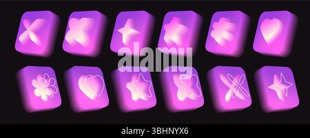 Collezione Gradient aura y2k icons - luccicanti simboli al neon con forma a stella, cuore e fiori su quadrati arrotondati viola. Pulsanti di sfocatura digitale vibranti per un design dell'interfaccia di app futuristica e retrò. Illustrazione Vettoriale