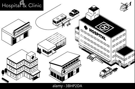 Isometric line art illustrazione set di strutture mediche tra cui un ospedale generale con elicottero medico, ambulanza di emergenza, clinica odontoiatrica, dru Illustrazione Vettoriale