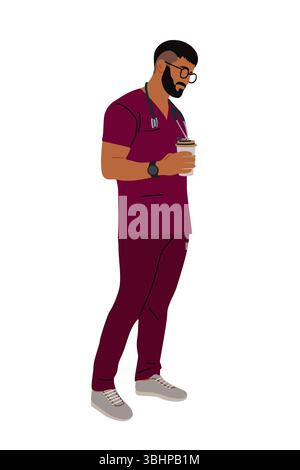 Medico maschile in scrub che tiene il caffè isolato Illustrazione Vettoriale