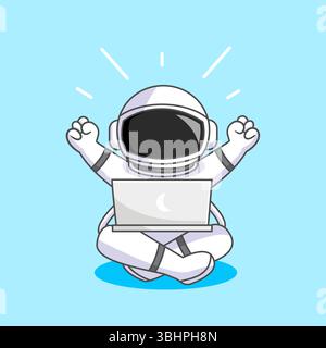 Astronauta che celebra il successo mentre utilizza un notebook nel design di cartoni animati con illustrazione vettoriale spaziale Illustrazione Vettoriale