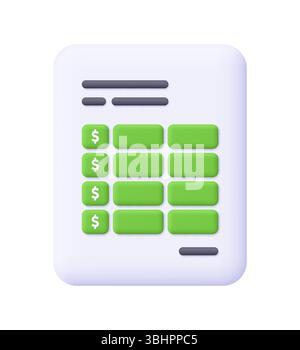 Foglio di calcolo finanziario con simboli del dollaro. Business, finanza, budget, contabilità e concetto fiscale. icona vettoriale 3d. Stile minimalista cartoni animati. Illustrazione Vettoriale
