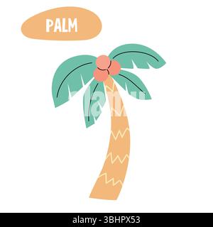 Una semplice illustrazione di una palma con foglie verdi e noci di cocco arancioni. Il bagagliaio è marrone chiaro con motivo a zig-zag. Lo sfondo è semplice. Illustrazione Vettoriale