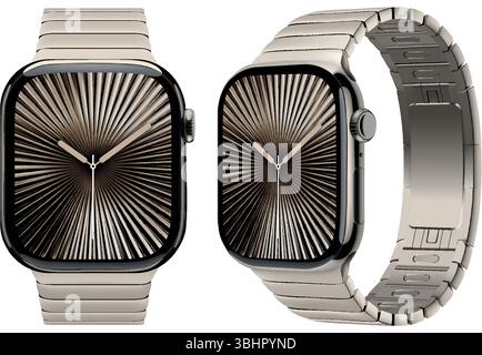 Apple Watch serie 10 titanio in colore naturale con braccialetto Natural Link, isolato su sfondo trasparente, illustrazione vettoriale. L'orologio è sottile Illustrazione Vettoriale