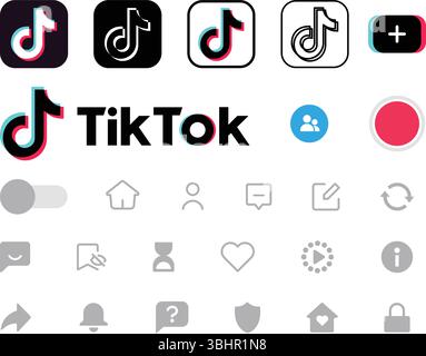Set TikTok di icone e logo dell'interfaccia dell'app mobile. Raccolta di modelli di interfaccia per social media. Illustrazione vettoriale editoriale illustrativa Illustrazione Vettoriale