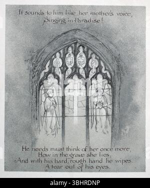 Vetrate colorate con croce e angeli, pagina per il Village Blacksmith di Henry W Longfellow Poem, poesia vittoriana del XIX secolo Foto Stock