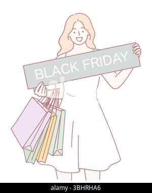 Una donna gioiosa che sorride molto mentre tiene in mano un cartello promozionale per il Black Friday e porta con sé più borse della spesa Illustrazione Vettoriale