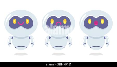 Illustrazione vettoriale di un simpatico robot di umore diverso. Icone vettoriali per chat bot in stile piatto. Illustrazione Vettoriale