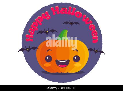 Illustrazione vettoriale della simpatica zucca per Halloween. Zucca e pipistrelli. Illustrazione Vettoriale