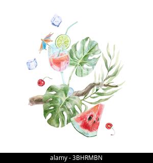 Cocktail tropicale in un calice di vetro con paglia, lime, cubetti di ghiaccio sullo sfondo di foglie di palma e monstera. Illustrazione acquerello isolata. Per Foto Stock