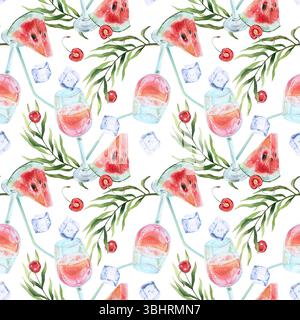 Cocktail rosa tropicale, cubetti di ghiaccio, anguria, ciliegia, foglie di palma senza cuciture. Illustrazione ad acquerello disegnata a mano isolata. Per gli inviti Foto Stock
