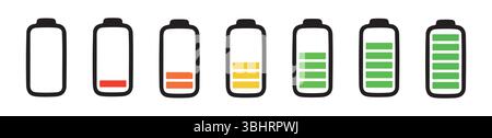 Serie di icone della batteria che mostrano diversi livelli di carica, isolate su sfondo bianco, illustrazione grafica. concetto di energia, alimentazione, durata della batteria, dispositivo digitale, stato di carica. Illustrazione Vettoriale