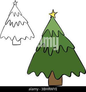 Profilo dell'albero di Natale isolato su sfondo trasparente. Illustrazione dell'inchiostro con linee grafiche vettoriali. Per poster, inviti, sfondo, annunci, promozioni di vendita Illustrazione Vettoriale