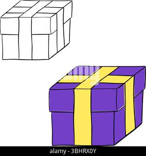 Scatola regalo isolata su sfondo trasparente. Illustrazione dell'inchiostro con linee grafiche vettoriali. Adatto per feste di compleanno e festività. Per logo, Web, Illustrazione Vettoriale