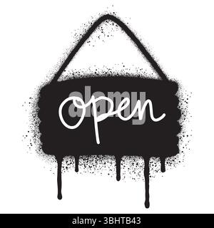 Insegna aperta su cartello con stile graffiti, shopping online, icona nera dipinta a spruzzo. Illustrazione Vettoriale