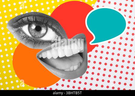 Collage di una donna a bocca aperta e un occhio con una bolla di discorso su uno sfondo colorato Foto Stock