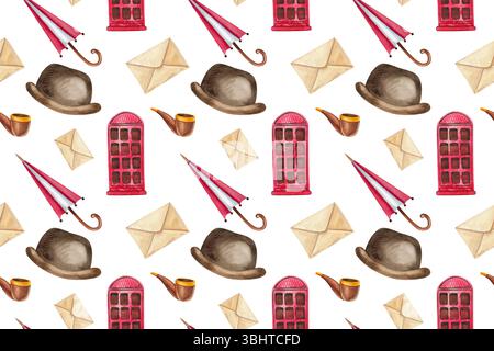 Motivo senza cuciture. Collezione natalizia di elementi ad acquerello dipinti a mano con simboli britannici. Big Ben, segnale di Abbey Road, autobus, telefono Foto Stock