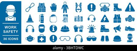 Set icone attrezzatura di sicurezza sul lavoro. Raccolta dei simboli delle icone di sicurezza. Insegne fondamentali per l'edilizia e l'industria. Attrezzature per la protezione della salute e della sicurezza. VEC Illustrazione Vettoriale