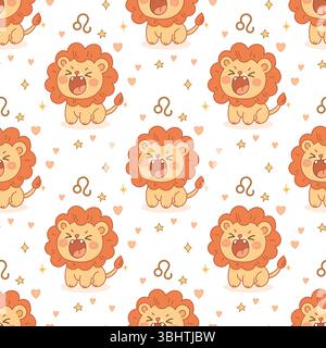 Motivo senza cuciture del segno zodiacale di Leone con un adorabile leone cartoni animati con stelle e cuori su sfondo bianco. Illustrazione Vettoriale